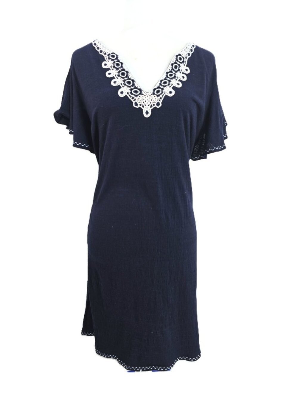 Max Studio Navy Blue Gauzy VNeck Embroidered Flutter Sleeve Shift Dress Women 2X